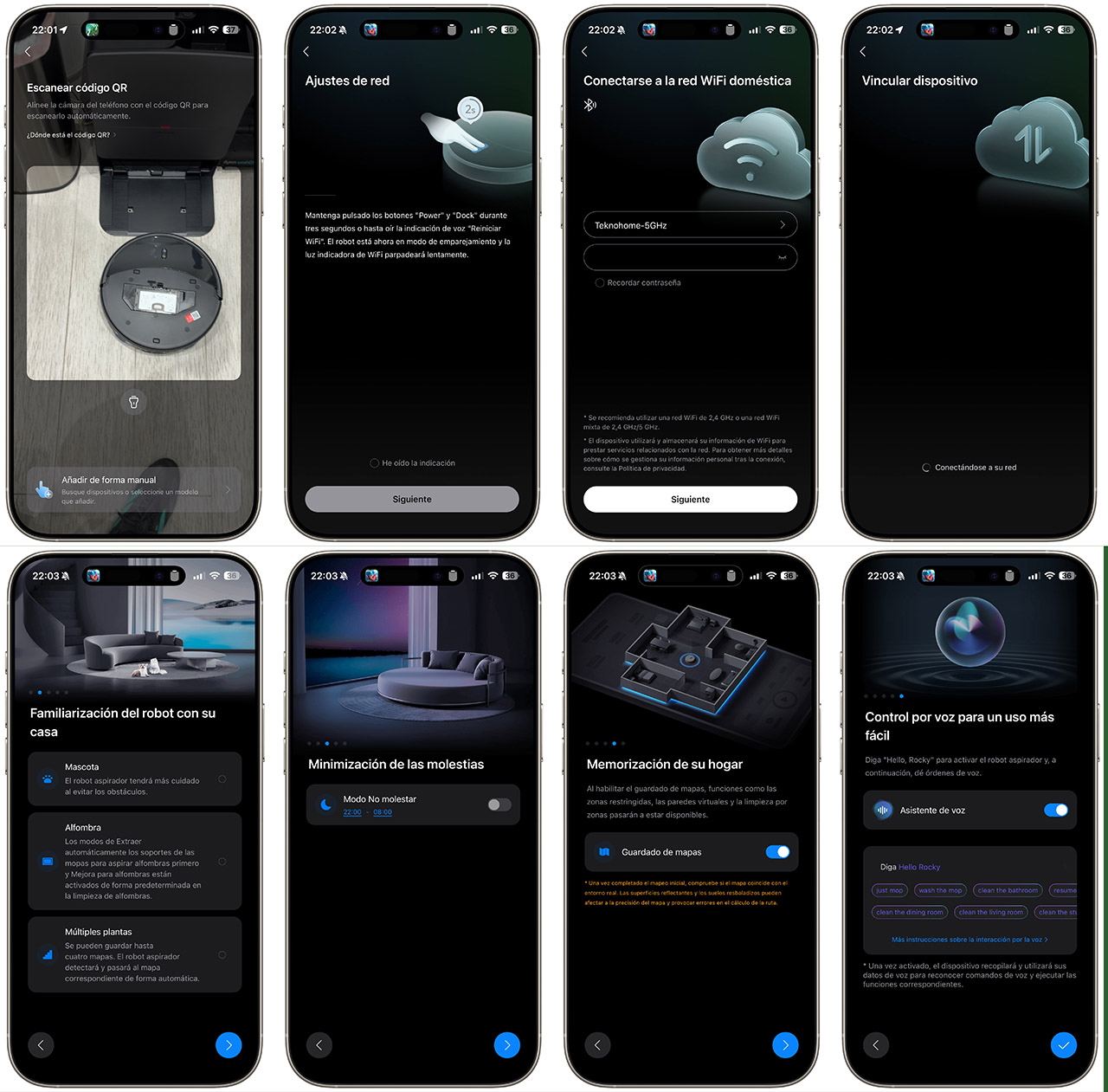 Configuración de robot aspirador en app móvil: escaneo QR, ajustes de WiFi, vinculación y control de voz.