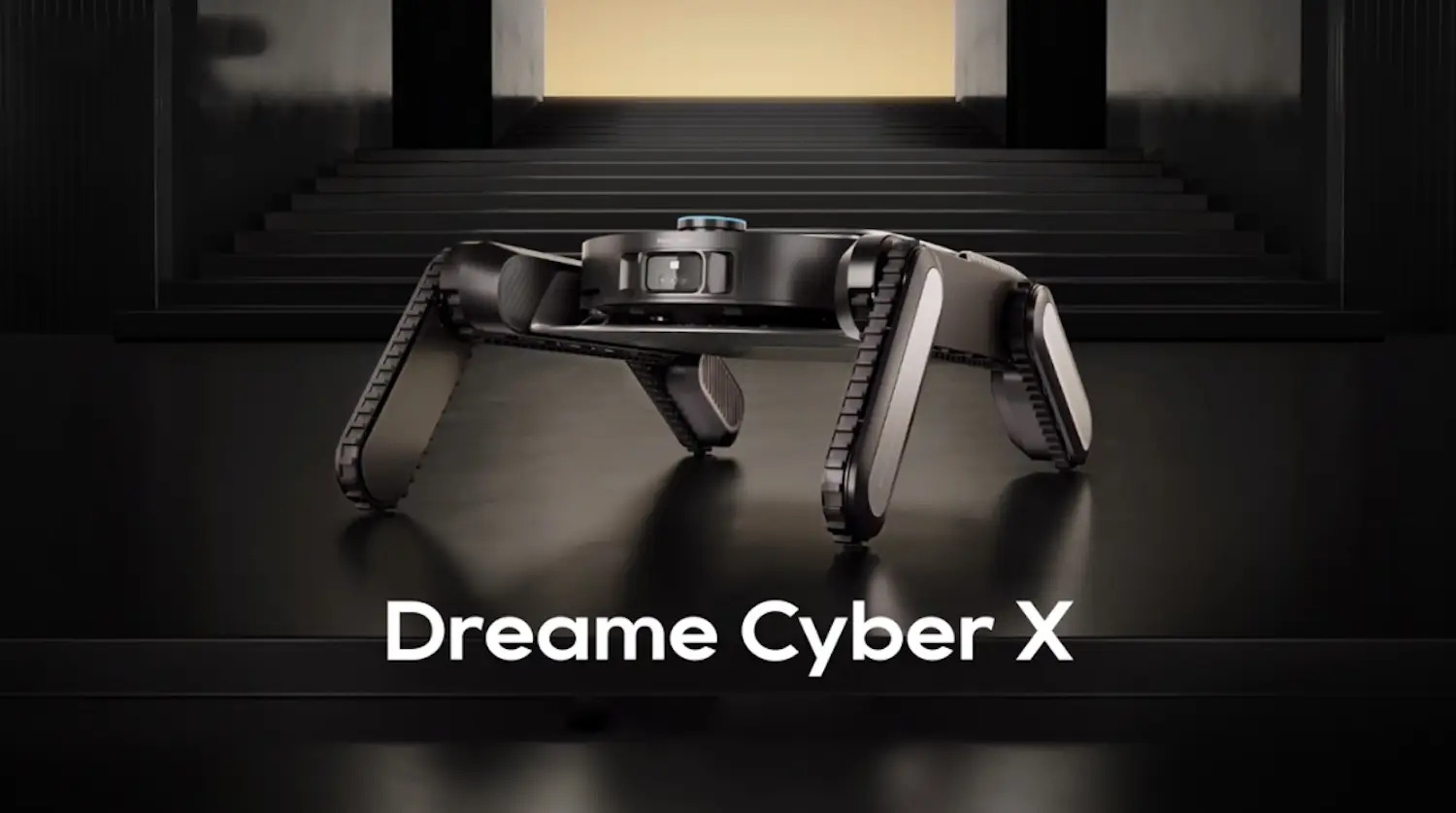 Robot cuadrúpedo Dreame Cyber X en escena futurista, diseño tecnológico avanzado en color negro.