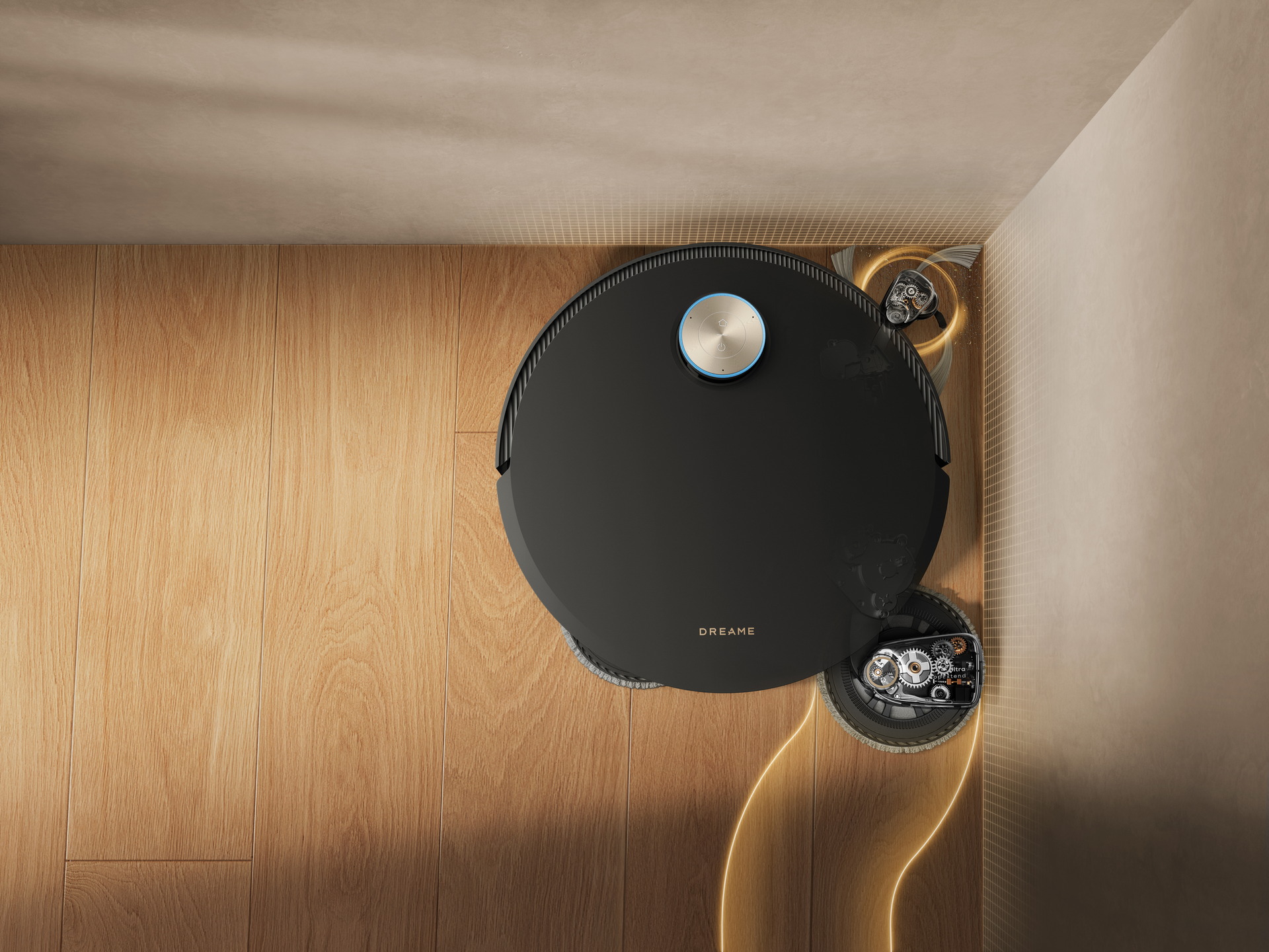 Aspiradora robot negra limpiando esquina de suelo de madera. Tecnología inteligente para el hogar.