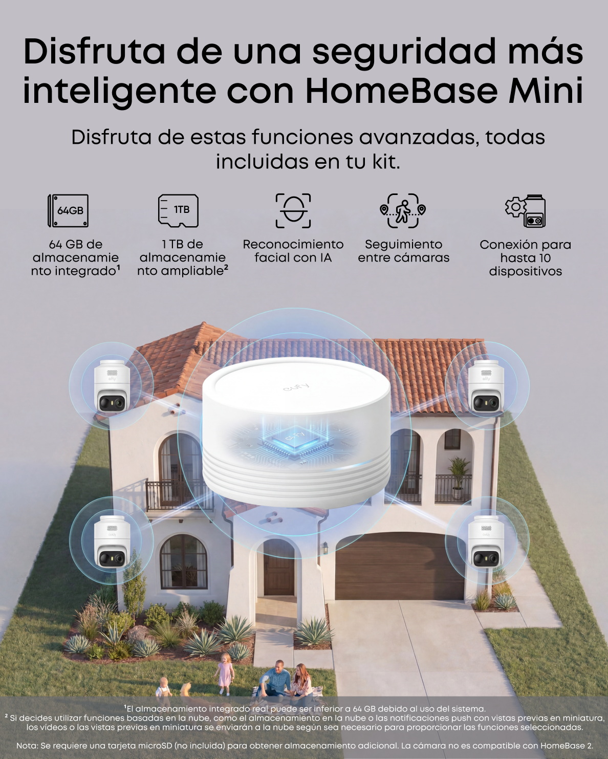 Sistema de seguridad inteligente HomeBase Mini con IA, 64GB/1TB almacenamiento y conexión para 10 dispositivos.