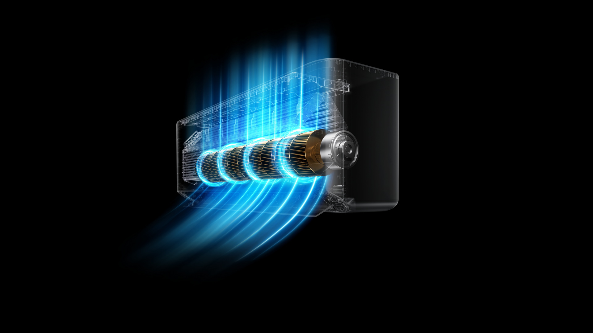 Renderizado conceptual de batería de litio con tecnología de alta energía y emisión de luz azul en fondo negro.