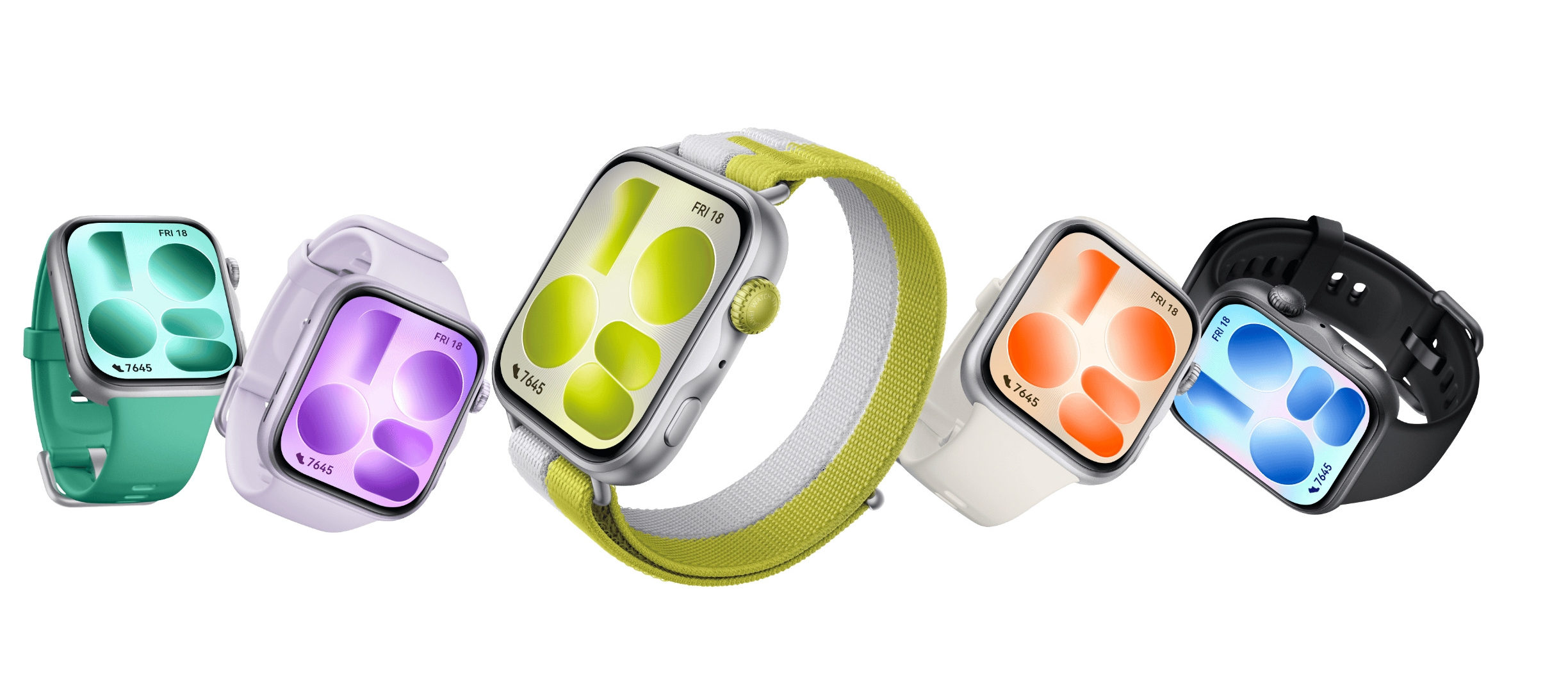 Relojes inteligentes en distintos colores con correas intercambiables, mostrando esferas brillantes y modernas.