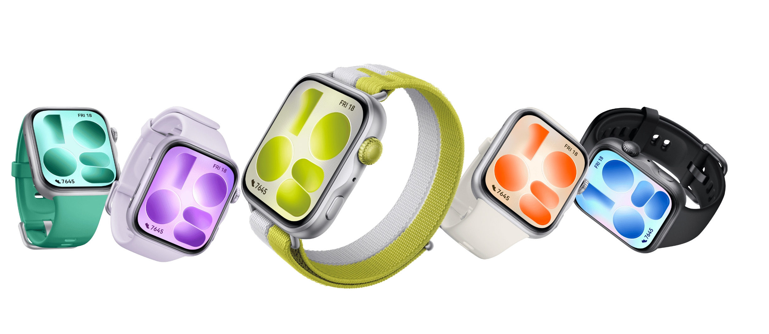 Cinco relojes inteligentes con diferentes correas de colores y esferas digitales, alineados lado a lado sobre fondo blanco.