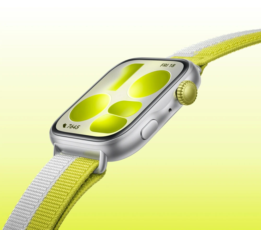 Reloj inteligente avanzado con pantalla amarilla vibrante, correa texturizada, diseño moderno y elegante.