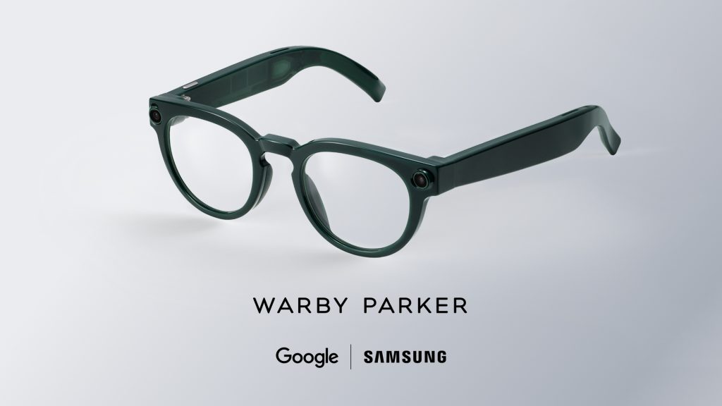Gafas inteligentes Warby Parker en colaboración con Google y Samsung, estilo moderno y tecnología avanzada.