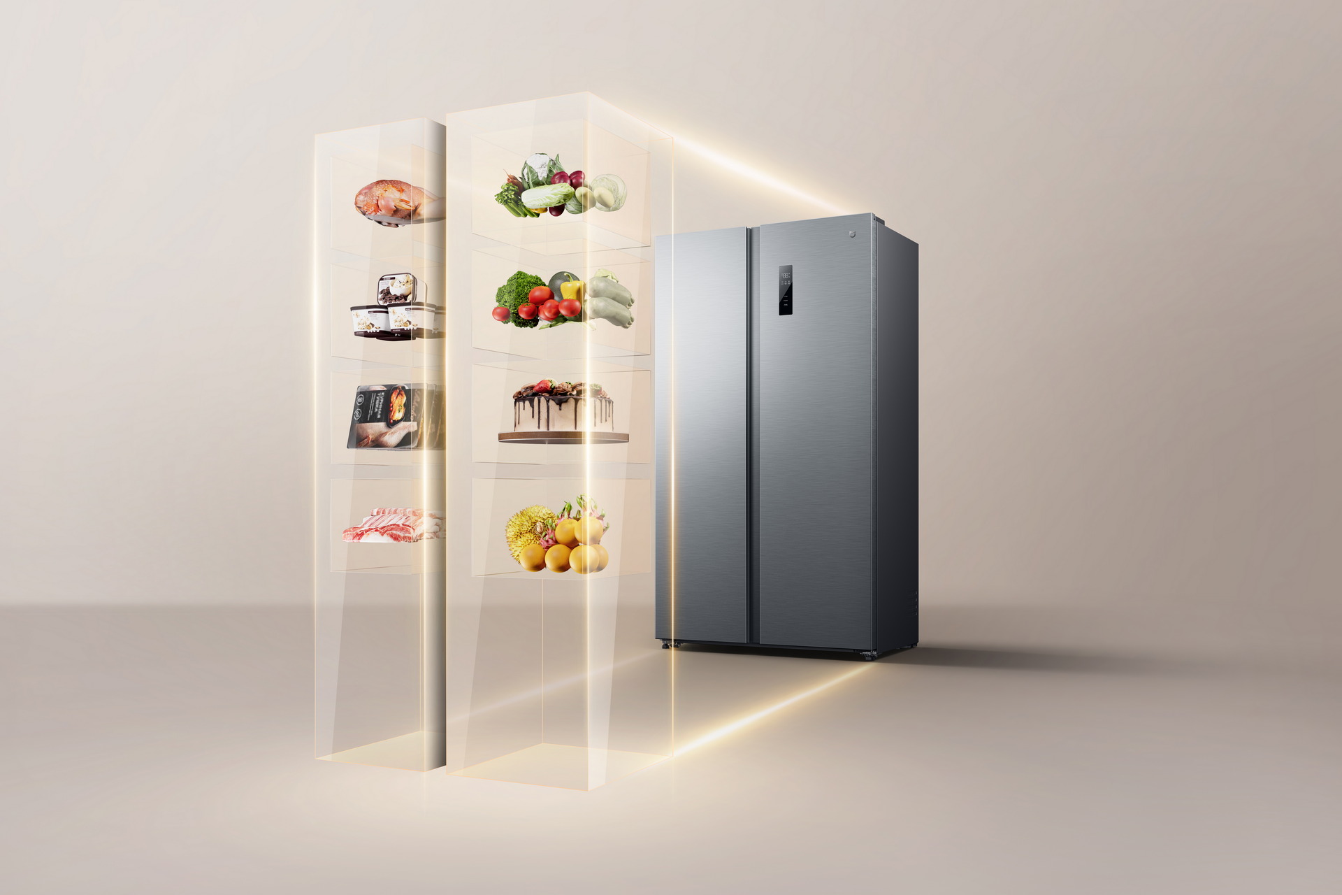 Refrigerador moderno con estantes llenos de alimentos variados, incluyendo frutas, verduras y pasteles.