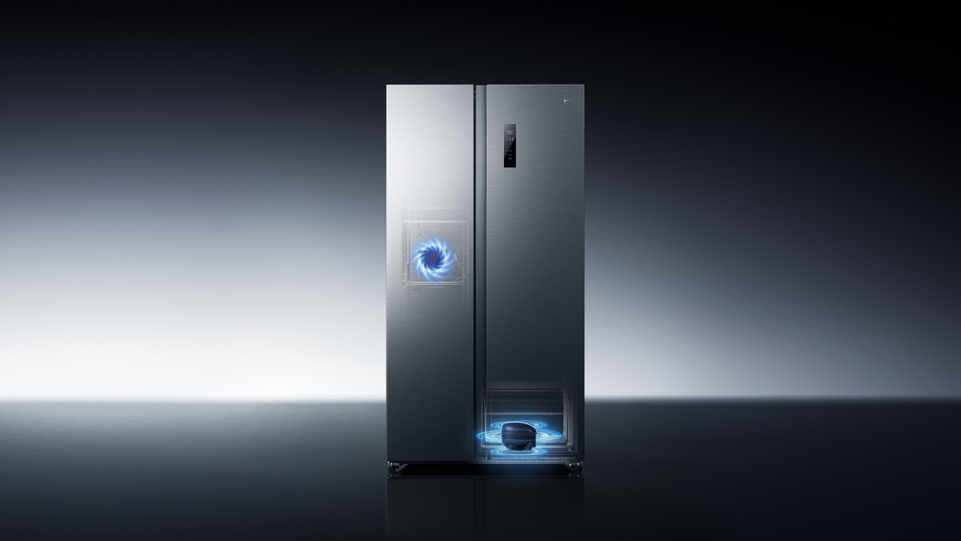 Nevera moderna de acero inoxidable con puerta doble y tecnología avanzada iluminada, fondo oscuro.