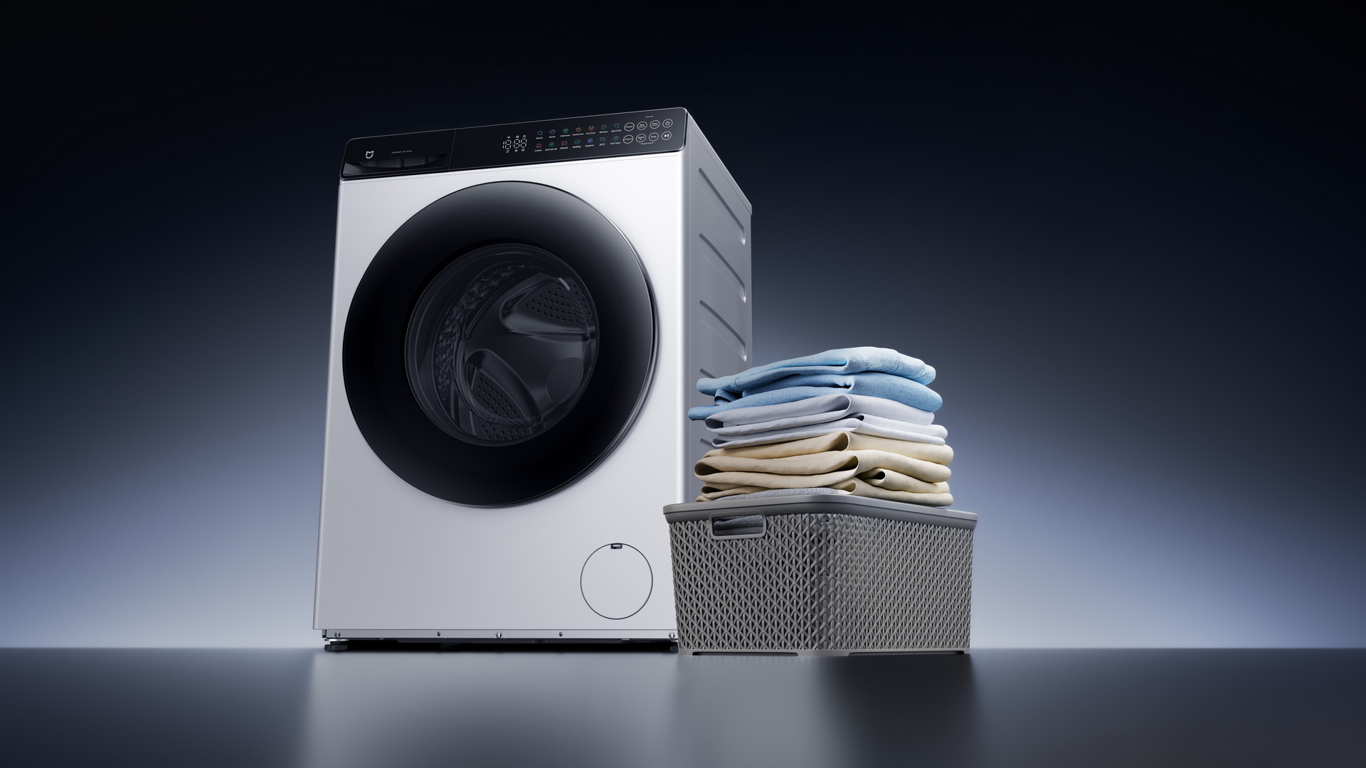 Lavadora moderna con ropa limpia doblada en cesta, ideal para el hogar eficiente y elegante.