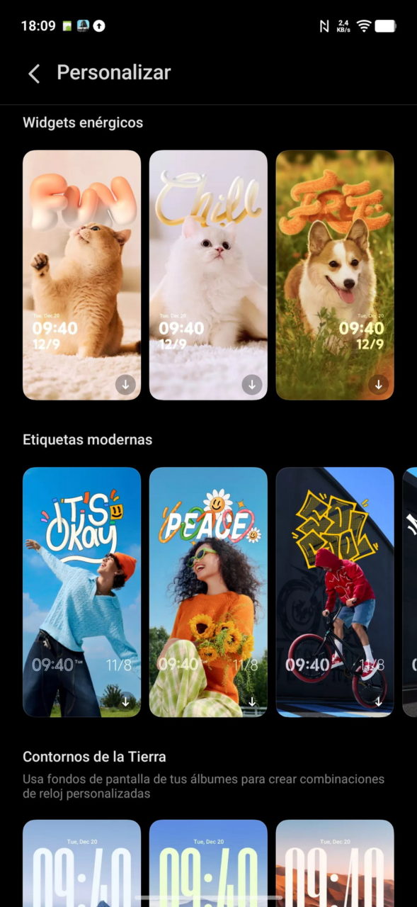 Pantallas de personalización de widgets energéticos y etiquetas modernas para horarios y fechas en dispositivos móviles.