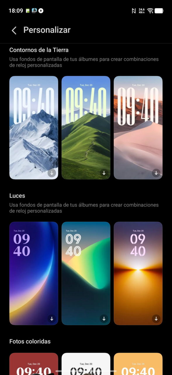 Pantallas de personalización móvil con fondos de montaña, pradera, desierto y luces abstractas a las 09:40.