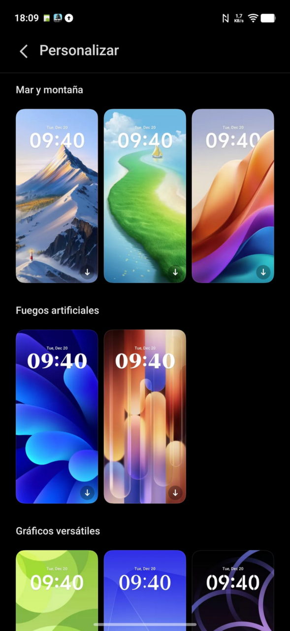 Pantalla de personalización de fondos de pantalla con opciones de mar, montaña y gráficos abstractos coloridos.
