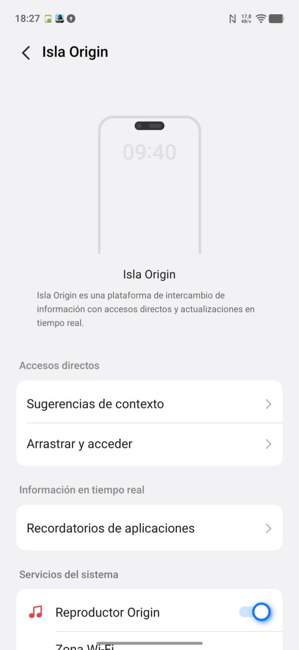 Pantalla de configuración de Isla Origin con accesos directos y servicios del sistema activados.