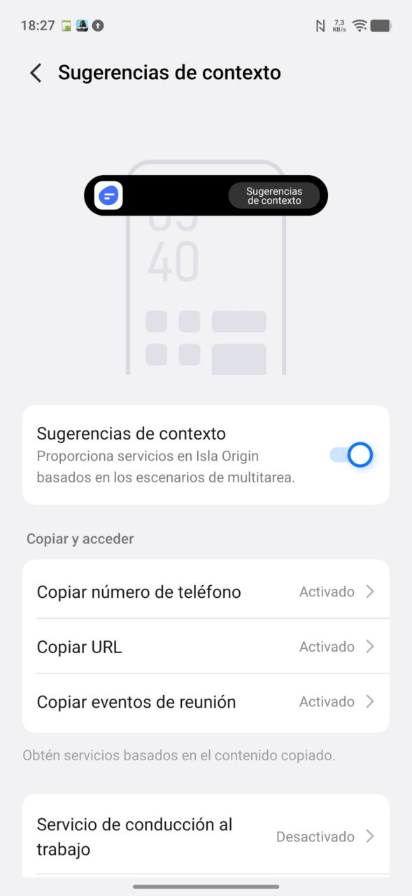 Configuración de sugerencias de contexto en un dispositivo, permite copiar datos y activar funciones multitarea.