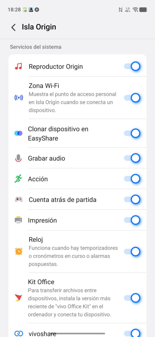 Configuración de Isla Origin mostrando opciones de Wi-Fi, clonación de dispositivo, grabación de audio y más.