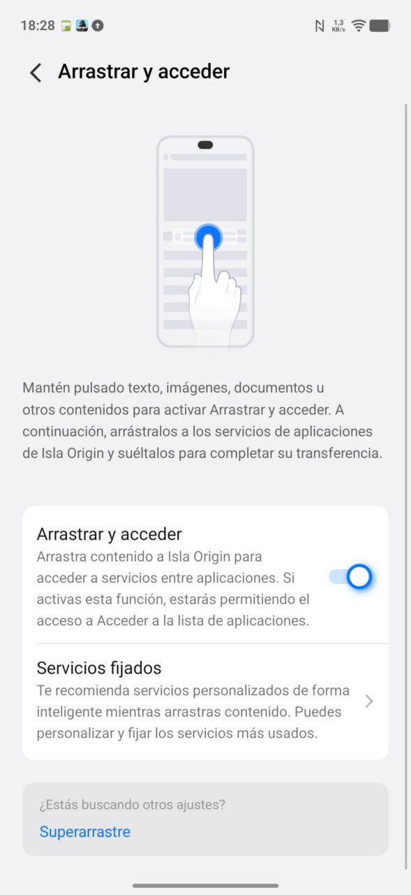 Pantalla de configuración de Arrastrar y acceder con instrucciones para activar servicios de aplicaciones.
