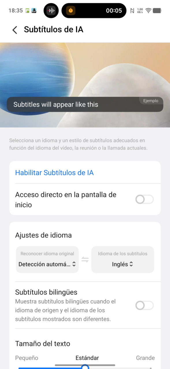 Configuración de subtítulos de IA en la pantalla de un smartphone, opciones de idioma y tamaño de texto.