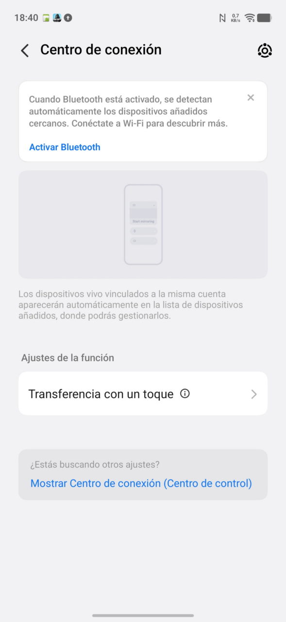 Pantalla de ajustes del centro de conexión para activar Bluetooth y gestionar dispositivos vinculados.