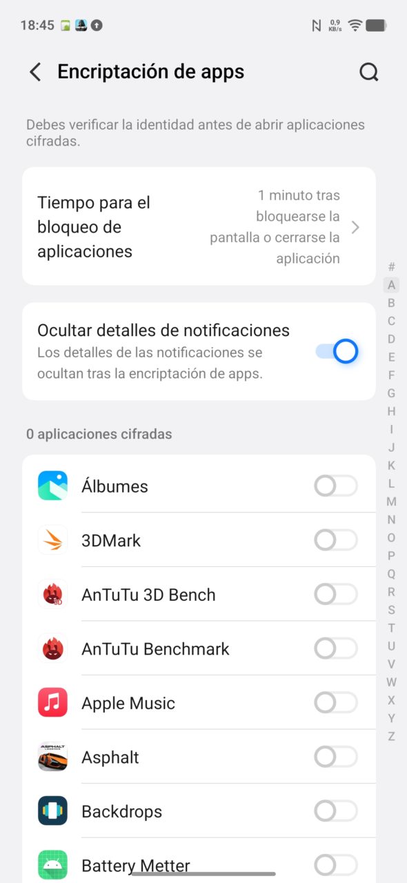 Configuración de encriptación de aplicaciones en Android, con opciones de bloqueo y notificaciones ocultas.