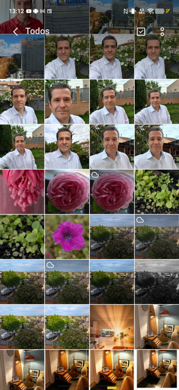 Collage de selfies, flores, paisaje urbano y guitarra en habitación acogedora. Diversidad visual en múltiples entornos.