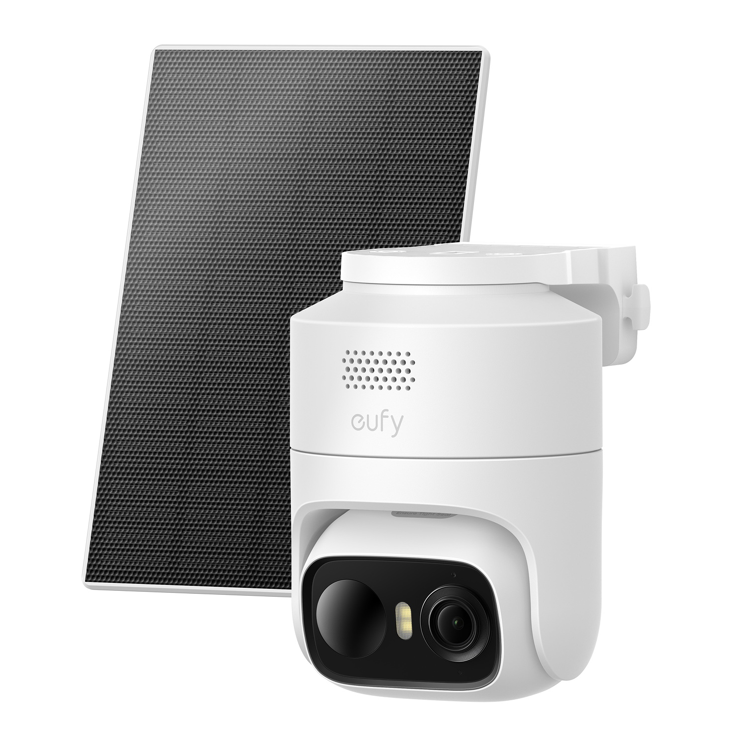 Cámara de seguridad Eufy con panel solar, diseño exterior, color blanco, tecnología avanzada para hogar inteligente.