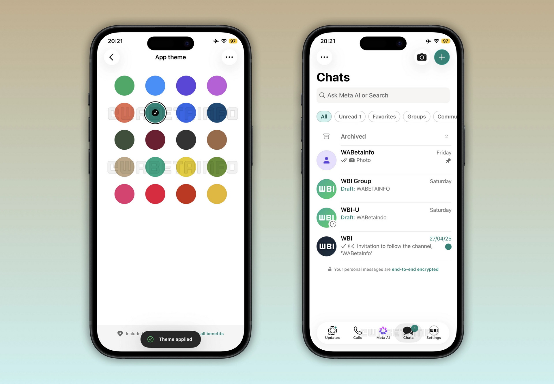 Pantallas de smartphone mostrando opciones de tema de app y una lista de chats archivados en una aplicación de mensajería.