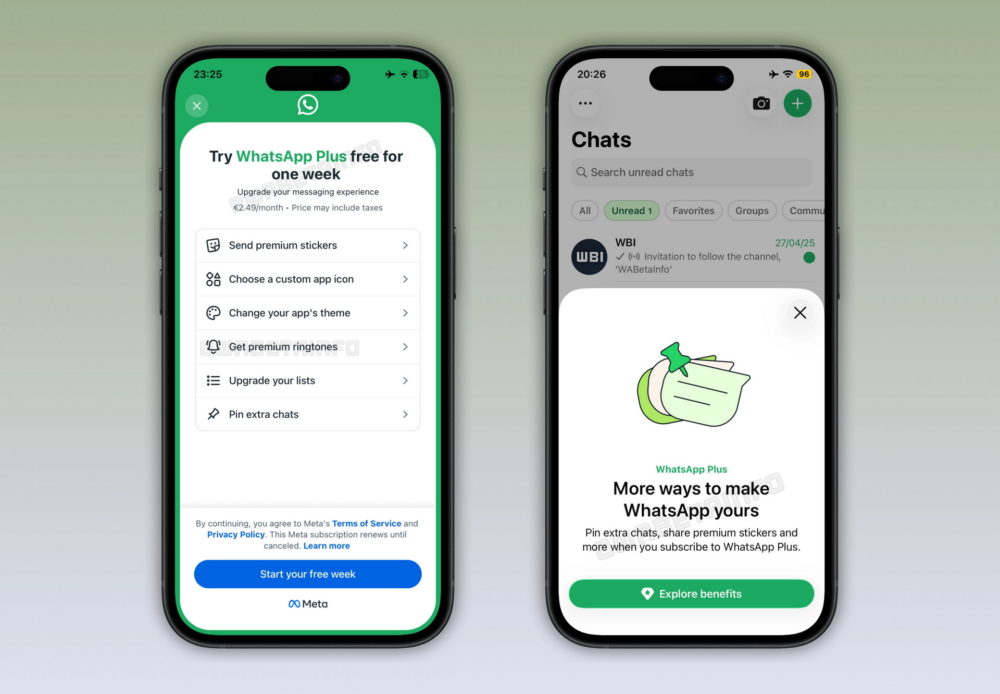 Dos pantallas de WhatsApp mostrando características de WhatsApp Plus, como stickers premium y personalización.