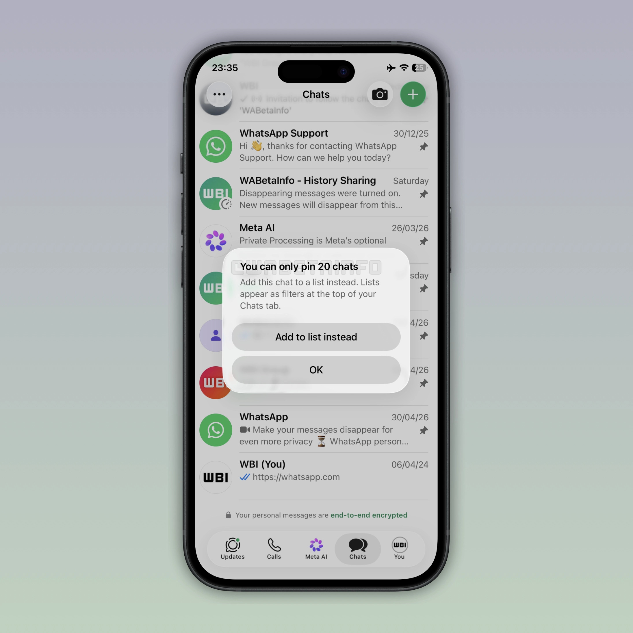 Pantalla de chat de WhatsApp con notificación: Puede fijar solo 20 chats. Opción de añadir a lista.