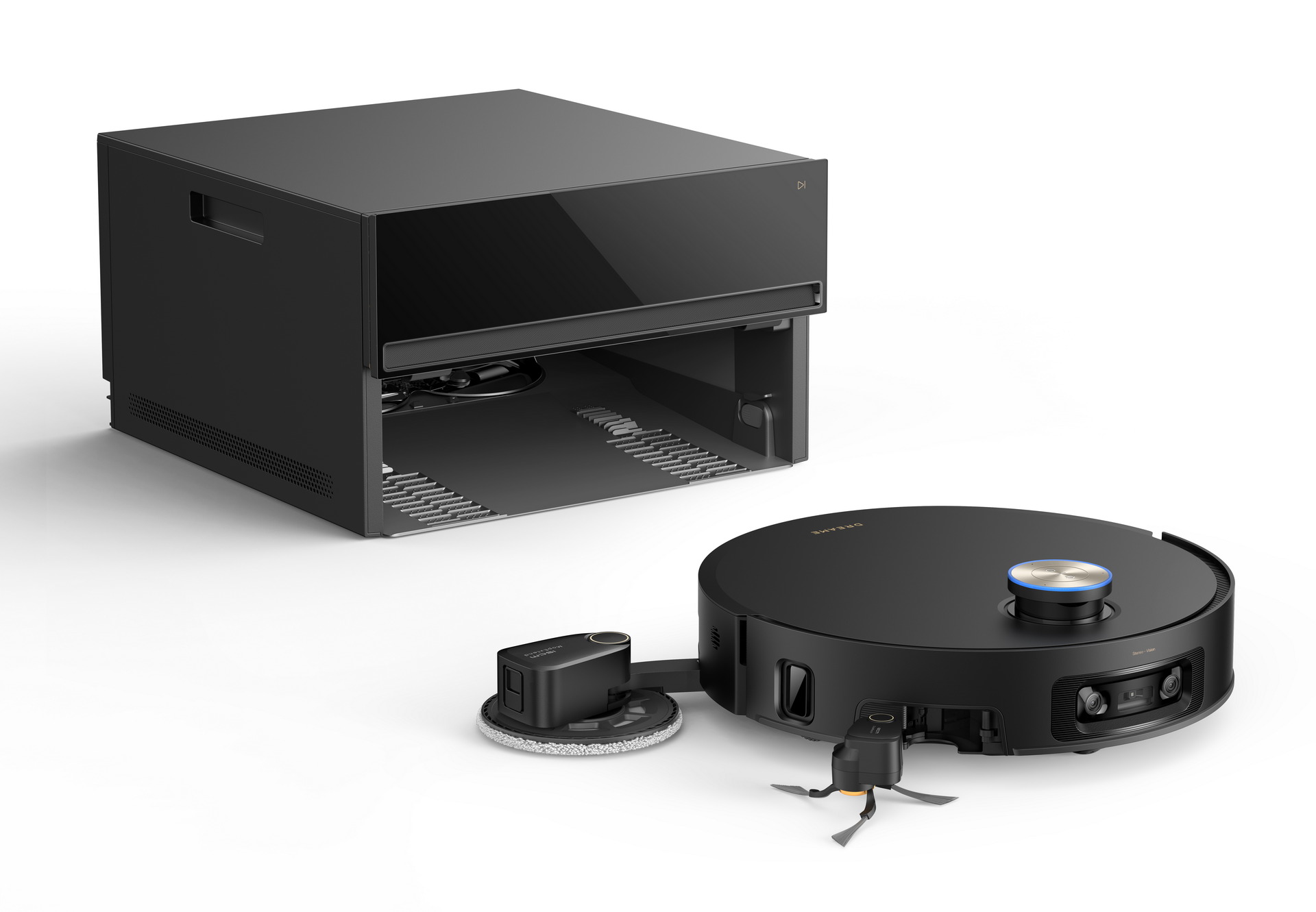 Aspiradora robot negra con base de carga y accesorio de limpieza, moderna y eficiente para el hogar.