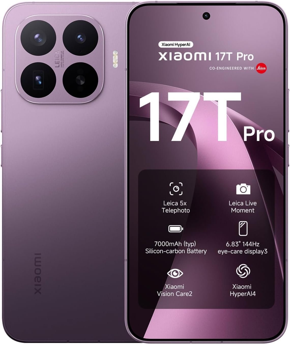 Smartphone Xiaomi 17T Pro morado con cámara Leica, pantalla 144Hz de 6.83 y batería de 7000mAh. Alta tecnología.
