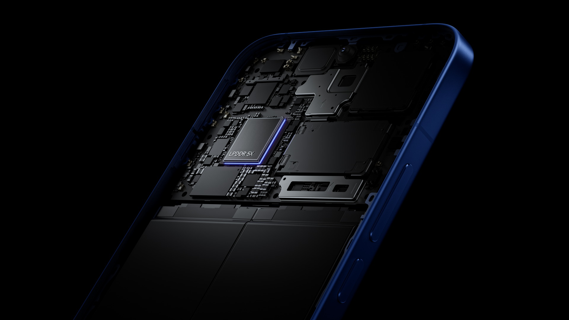Vista interna de un smartphone con tecnología LPDDR5X. Componentes electrónicos avanzados.