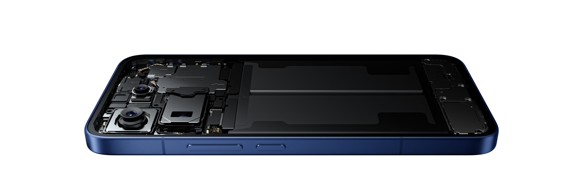 Parte interna de un smartphone moderno en color azul, mostrando su placa madre y componentes electrónicos.