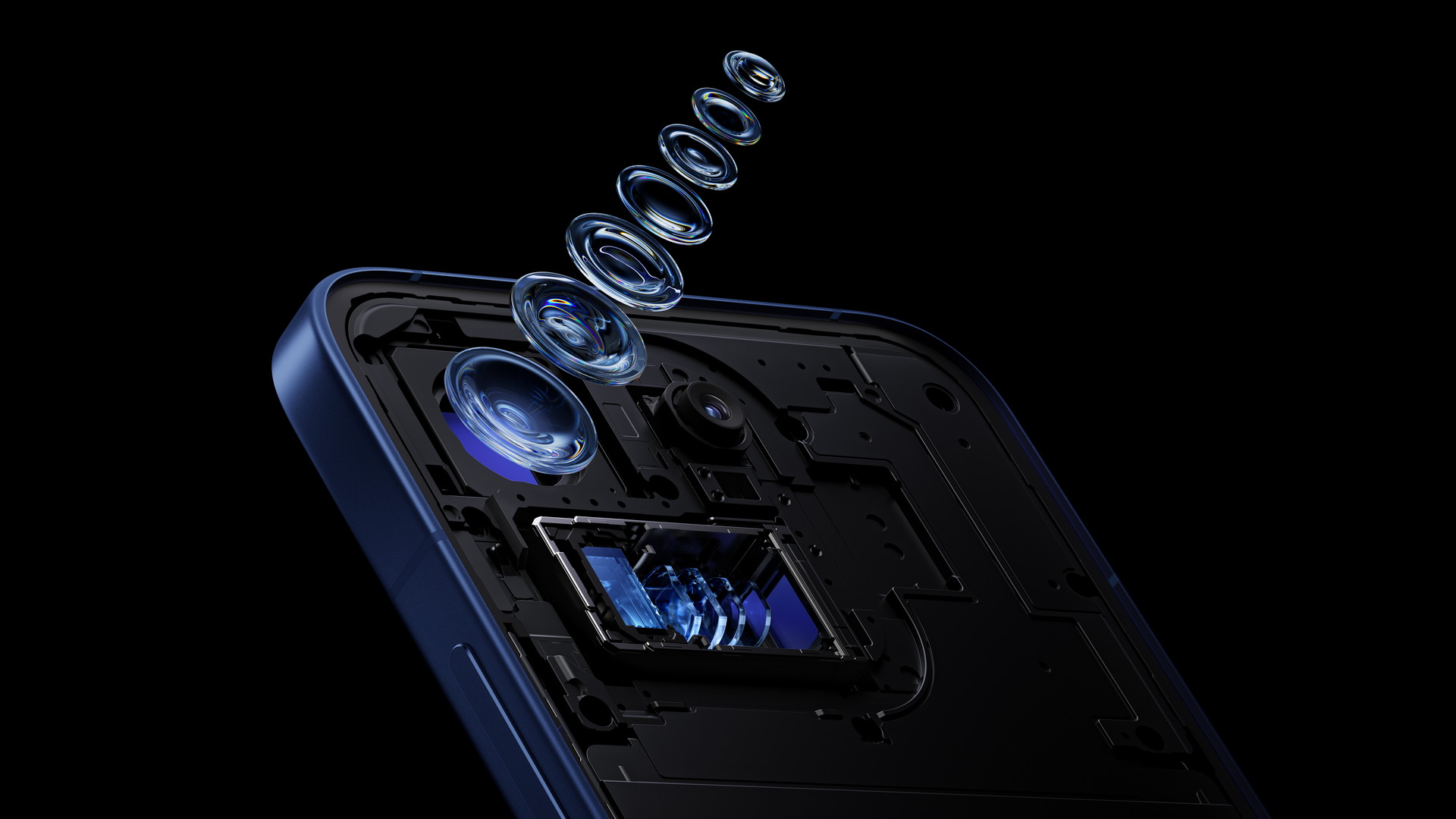 Cámara de smartphone con lente desglosada, mostrando tecnología de componentes en un diseño moderno y avanzado.