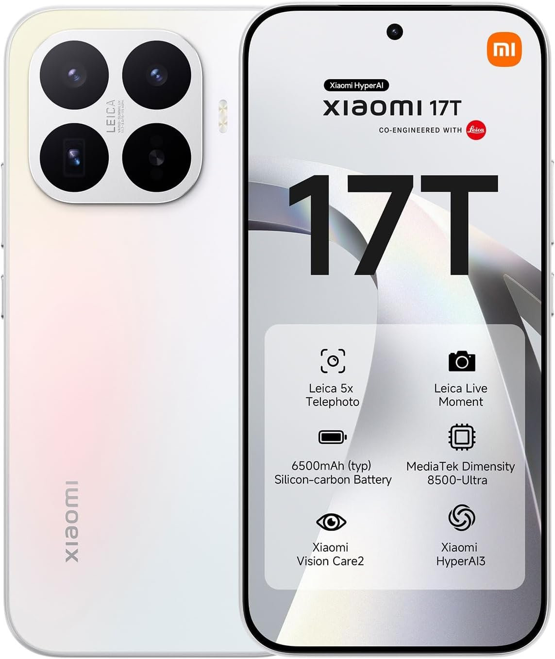 Smartphone Xiaomi 17T con cámara Leica, batería 6500mAh y tecnología HyperAI, diseño moderno y pantalla avanzada.