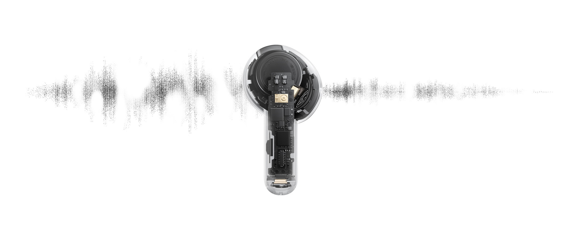 Auricular transparente mostrando componentes internos y ondas de sonido, tecnología avanzada de audio.