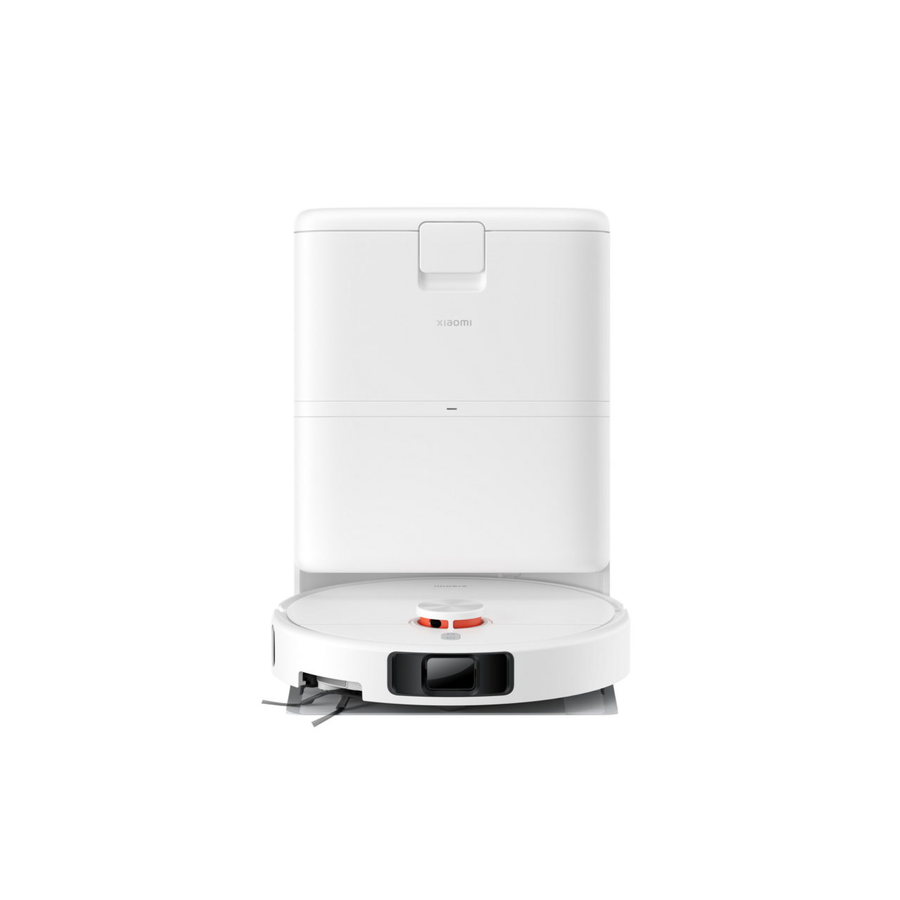 Aspiradora robot Xiaomi blanca con base de carga automática, diseño moderno para limpieza inteligente del hogar.