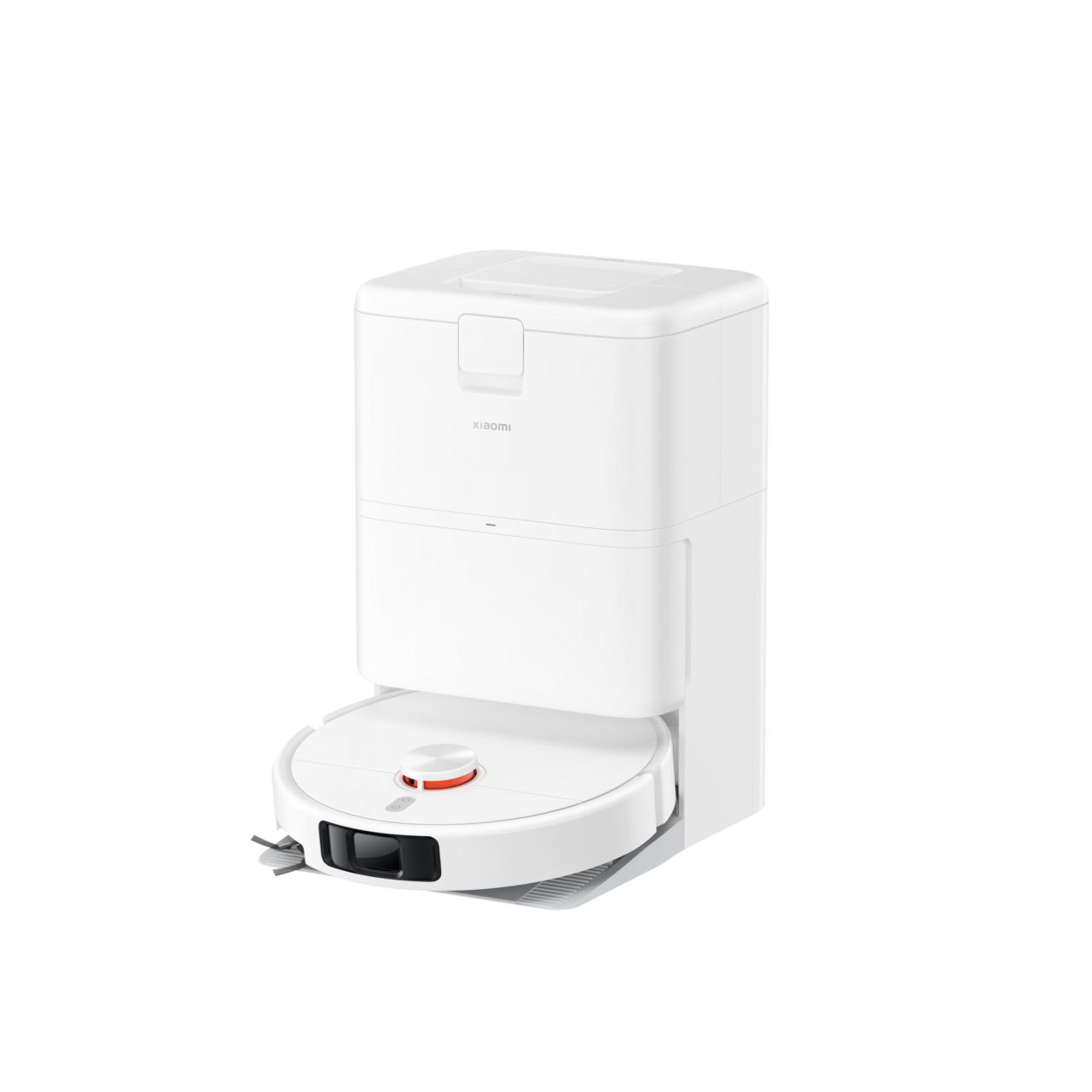 Robot aspirador blanco de última generación con base de carga automática para limpieza eficiente del hogar.