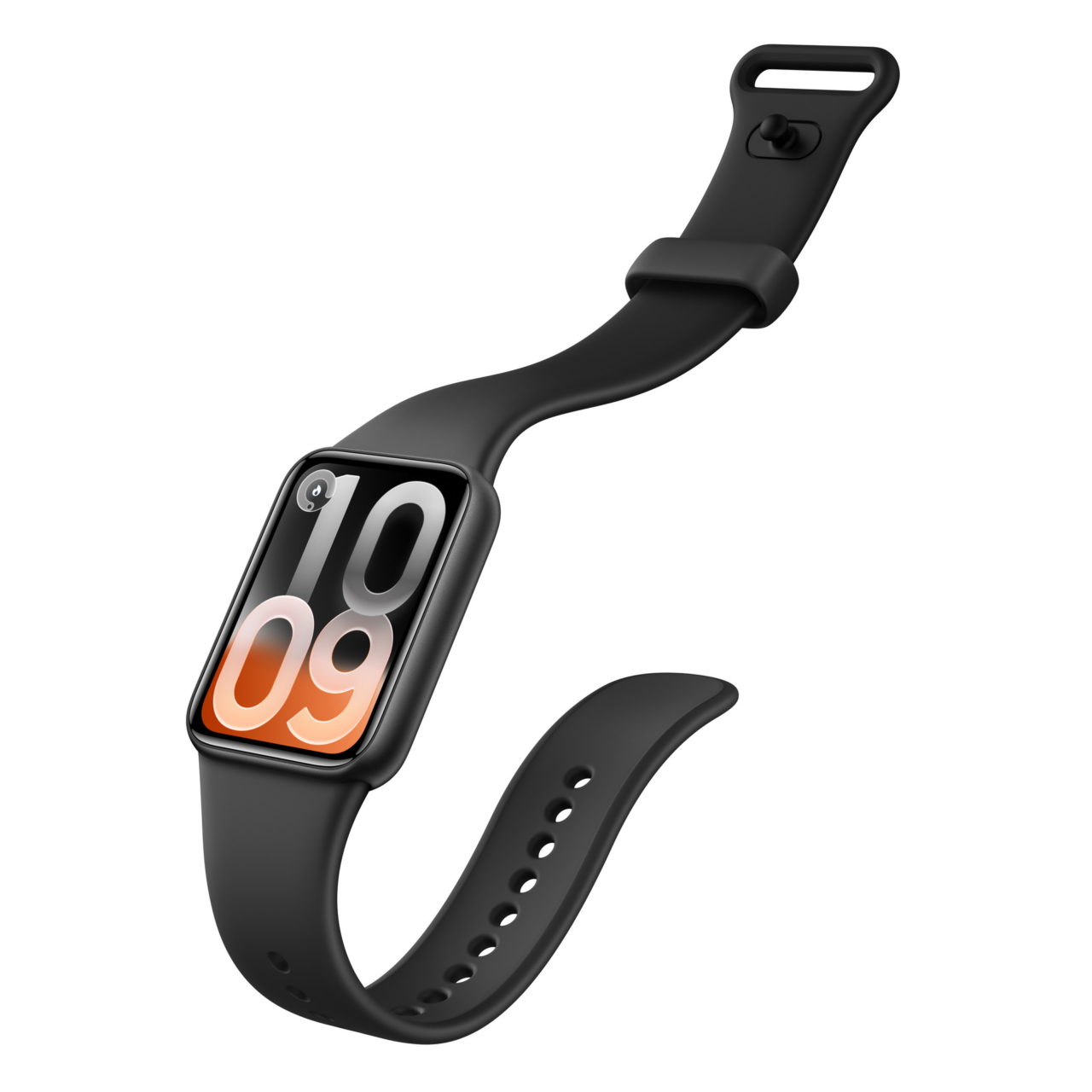 Reloj inteligente negro con pantalla digital moderna y correa ajustable, fondo blanco. Ideal para tecnología wearable.