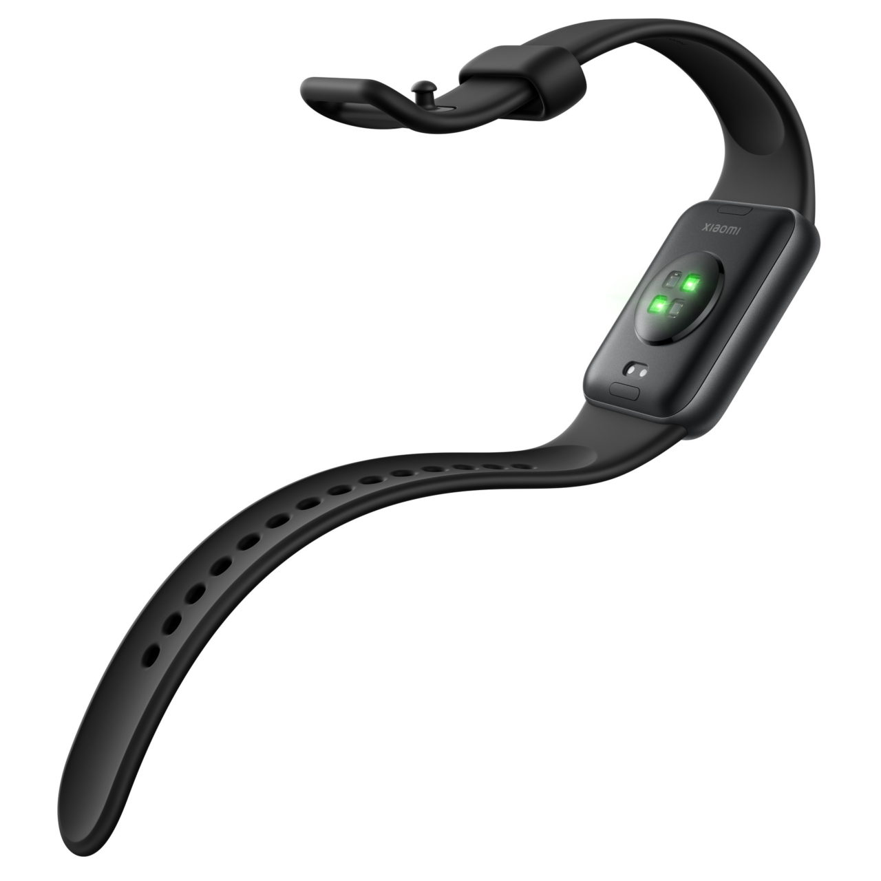Reloj inteligente negro con sensor de salud en la parte inferior, diseño moderno y correa ajustable.