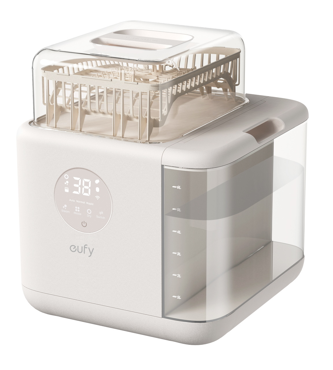 Esterilizador de biberones Eufy blanco con pantalla LED y capacidad ajustable para el hogar. Elegante y moderno.