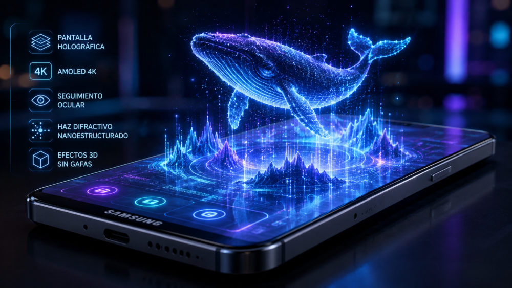 Samsung prepara una pantalla holográfica para móviles que parece sacada del futuro Ballena holográfica 3D sobre teléfono inteligente Samsung con pantalla AMOLED 4K y tecnología de seguimiento ocular.
