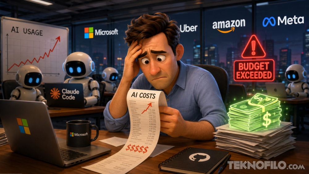 Hombre preocupado por costos altos de IA, rodeado de robos y logos de empresas tecnológicas. Gráfico de uso creciente.