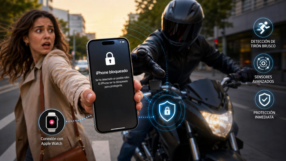 Apple prepara una función para bloquear el iPhone si alguien te lo roba de las manos Mujer sorprendida, iPhone bloqueado tras intento de robo por motociclista en ciudad, tecnología de seguridad avanzada.