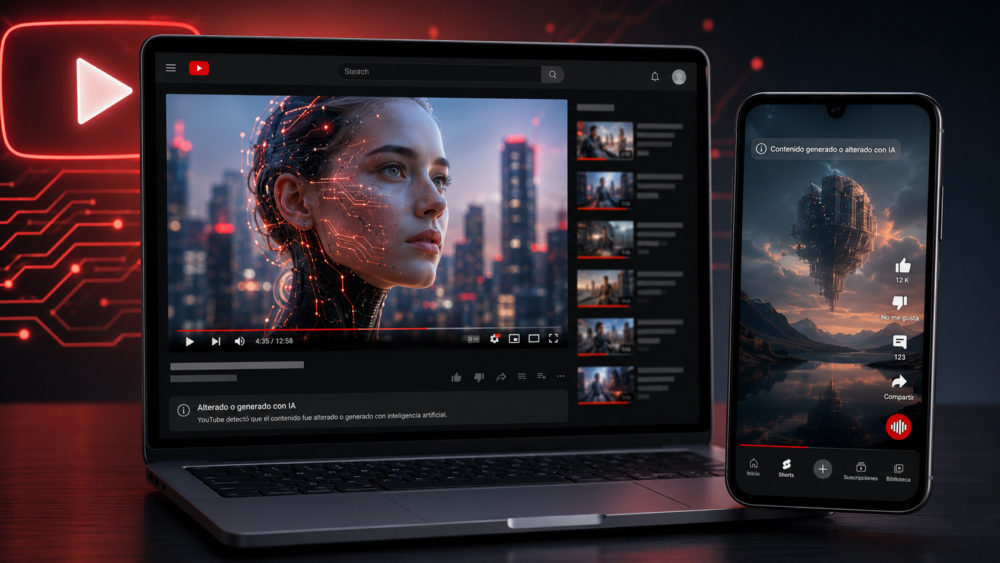 YouTube empezará a detectar vídeos generados con IA aunque el creador no lo declare Pantalla de YouTube en laptop y móvil, mostrando contenido generado por IA, junto a icono de reproducción iluminado.