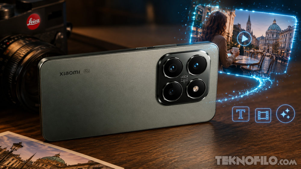 Smartphone Xiaomi 5G gris con cámara Leica en mesa de madera, cámara retro y foto de ciudad al fondo.