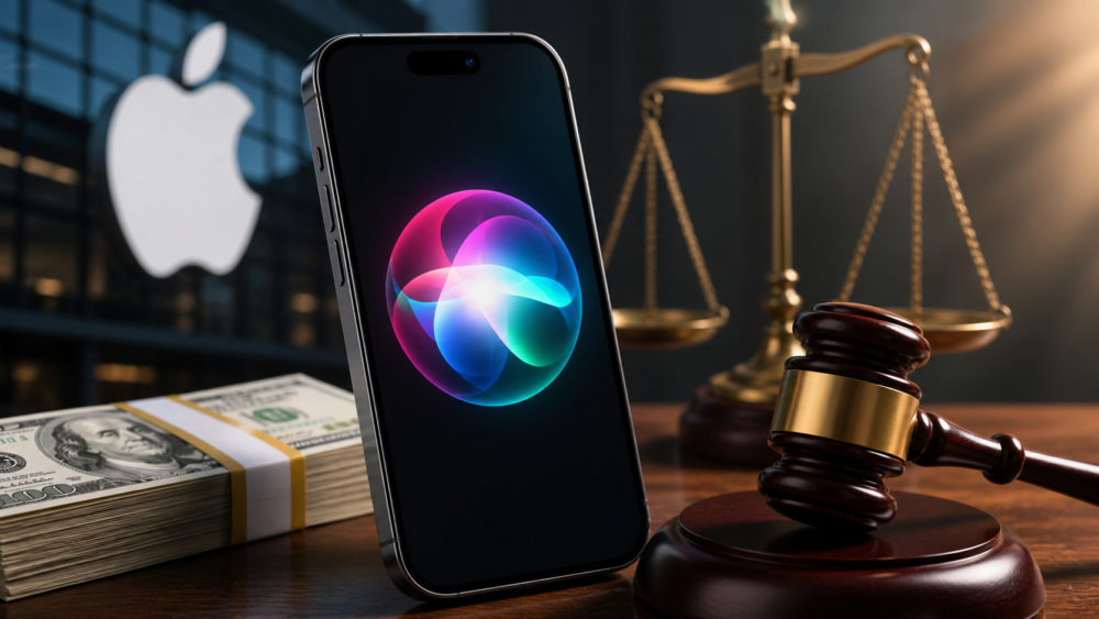 Apple pagará hasta 95 dólares por dispositivo por el retraso de funciones de Siri Smartphone con logo colorido junto a mazo, billetes y balanza de justicia, fondo logo de famosa marca tecnológica.