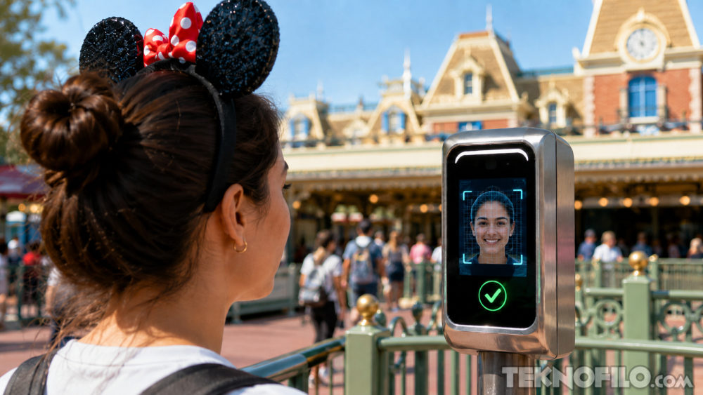 Disneyland ya escanea rostros en sus entradas: así funciona su nuevo sistema de reconocimiento facial Mujer con diadema de orejas en escáner facial de entrada en parque temático. Tecnología de reconocimiento facial.
