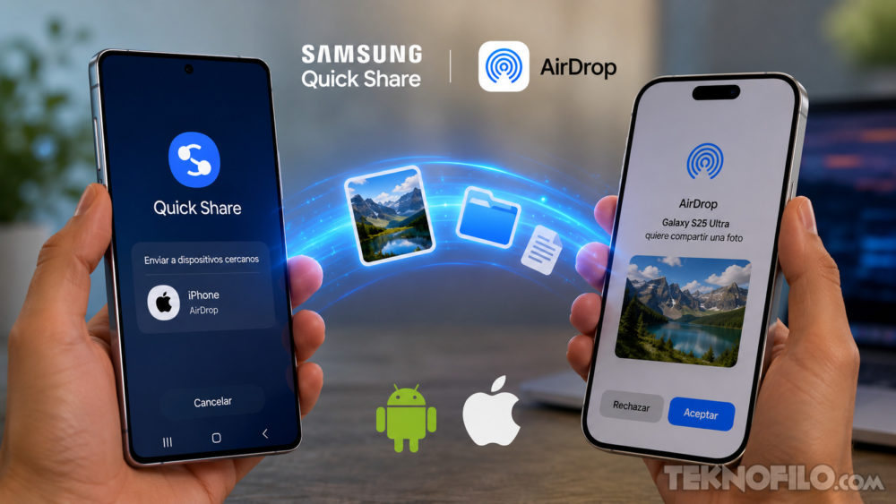 Google confirma qué móviles Samsung podrán enviar archivos a iPhone con AirDrop Dos teléfonos mostrando Quick Share y AirDrop para compartir archivos entre dispositivos Android y Apple de forma inalámbrica.