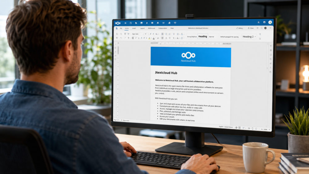 Euro-Office: La alternativa europea a Microsoft 365 ya tiene fecha de lanzamiento (y es gratis) Hombre trabajando en Nextcloud Hub en computadora de escritorio en oficina moderna y luminosa.