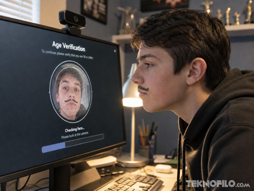 Los niños británicos están engañando la verificación de edad online con bigotes falsos Usuario verifica edad en computadora con sistema de reconocimiento facial en su habitación.