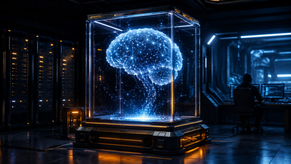 Claude Mythos está cerca: La IA más polémica de Anthropic podría llegar en semanas Cerebro digital en cubo de cristal iluminado en un centro de datos, con programador trabajando en segundo plano.